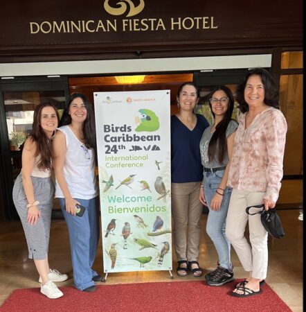 BirdsCaribbean board members and staff at our recent 24th International Conference in Santo Domingo, July 2024 (L to R: Laura Collado (conference coordinator), Andrea Thomen (Vice President), Andrea Tossas (President), Alexia Morales (Operations Manager), Lisa Sorenson (Executive Director)