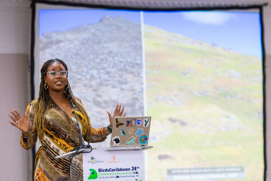 Woman standing in front of an acrylic podium with laptop open. Behind her is a projector screen with landscape photos. 