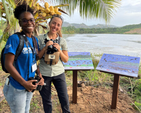 Two people stand in front of information signs at a wetland reserve