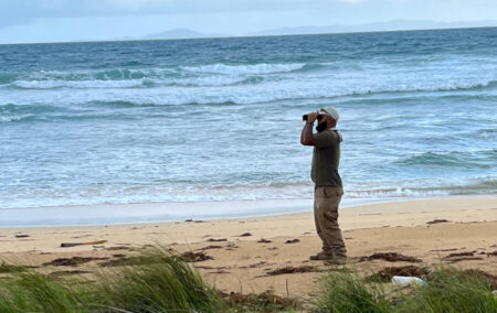 Man looking through binoculars